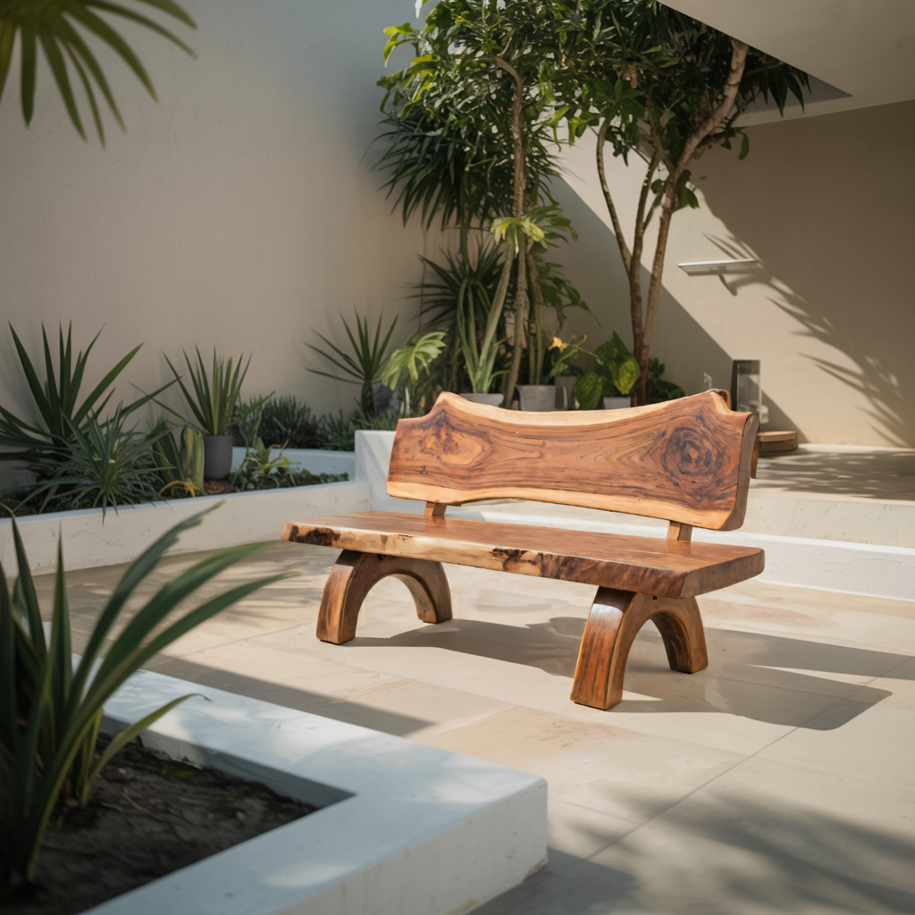 Rustic Live Edge Bench With Backrest For Patio Garden Courtyard - view 3 of 8