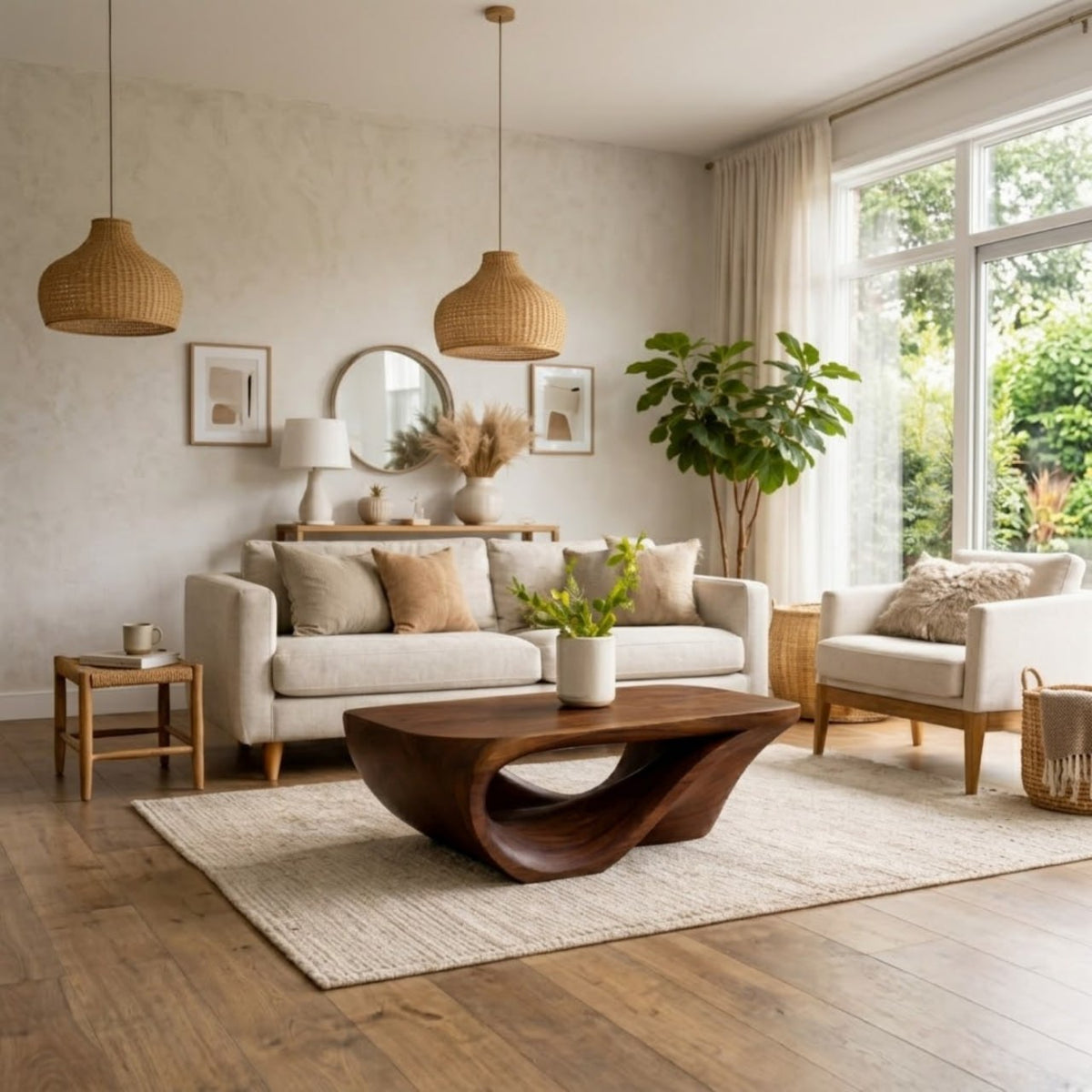 Solid Wood Coffee Table with Sculptural Organic Base and Hand-Carved Curved Design - view 2 of 9