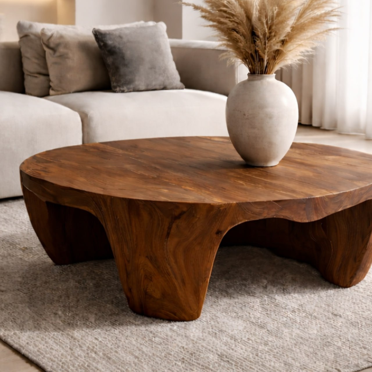 Solid Wood Round Coffee Table with Sculptural Base and Organic Carved Design - view 2 of 9