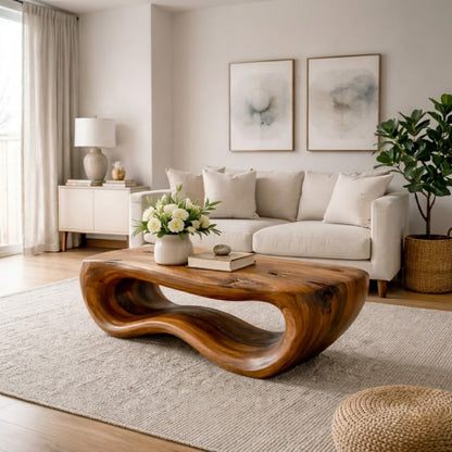 Solid Wood Coffee Table with Sculptural Wave Base and Organic Hand-Carved Design - view 2 of 9