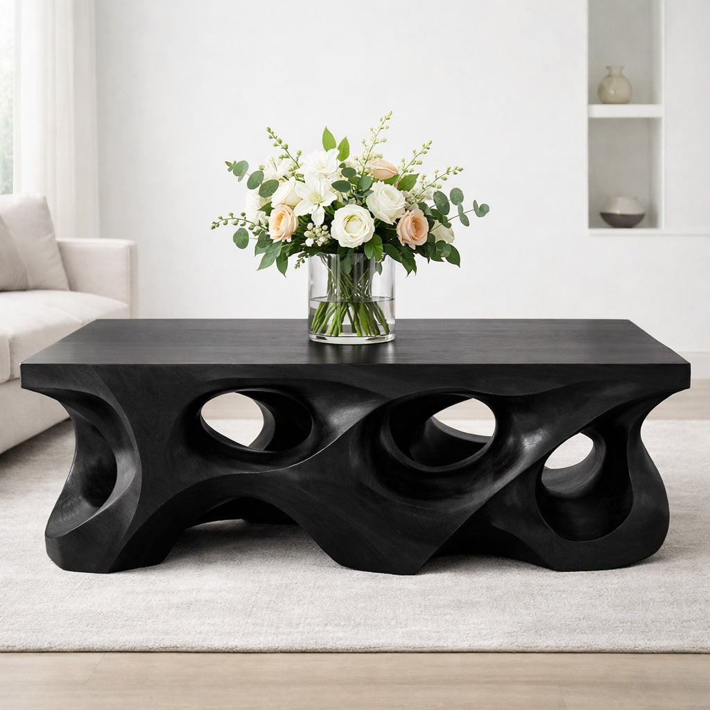 Solid Wood Coffee Table with Sculptural Hollow Base and Organic Carved Design - view 5 of 9