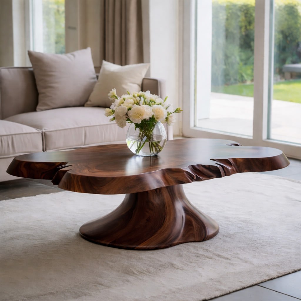 Solid Wood Live Edge Coffee Table with Sculptural Pedestal Base and Organic Form - view 3 of 9