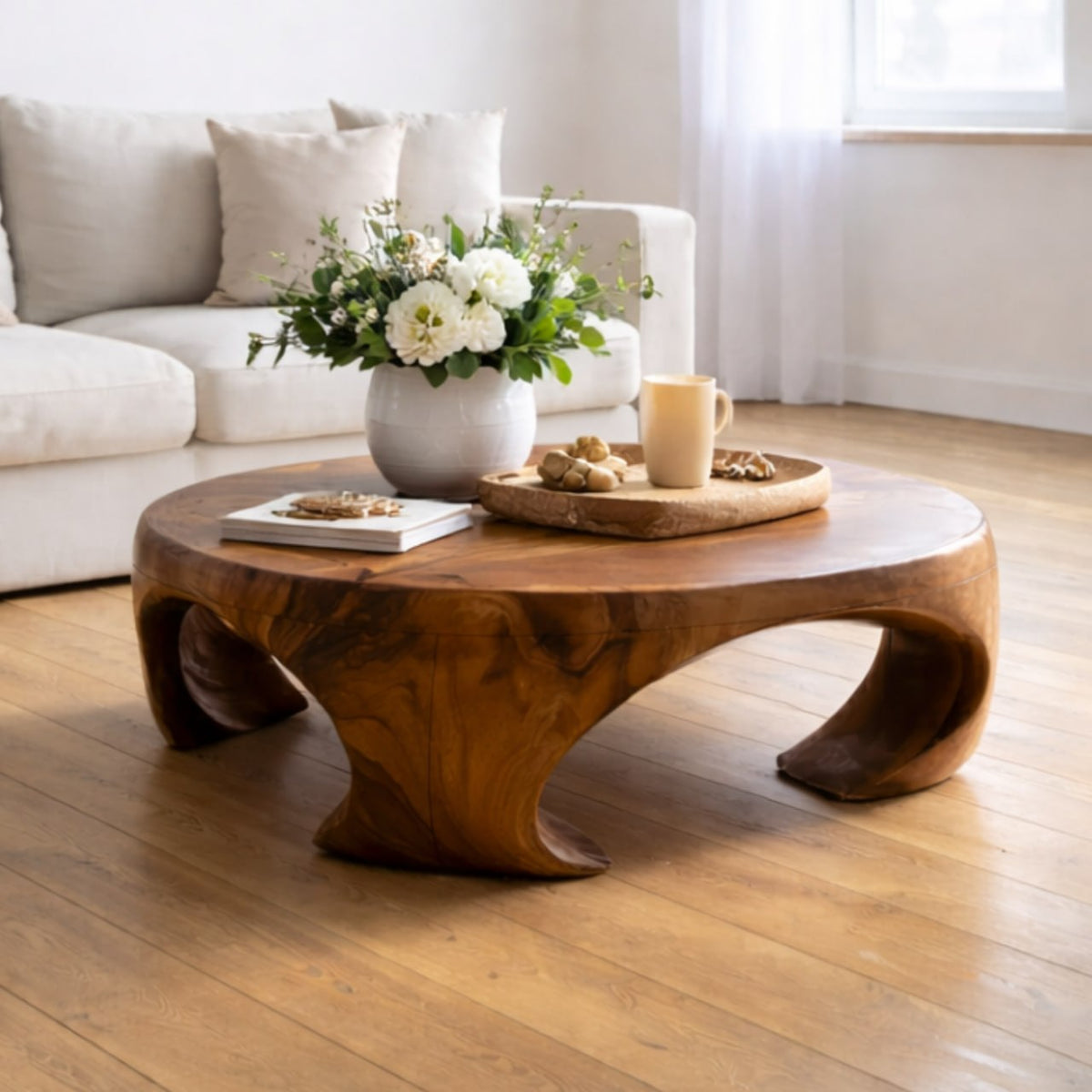 Solid Wood Round Coffee Table with Sculptural Curved Base and Organic Design - view 2 of 9