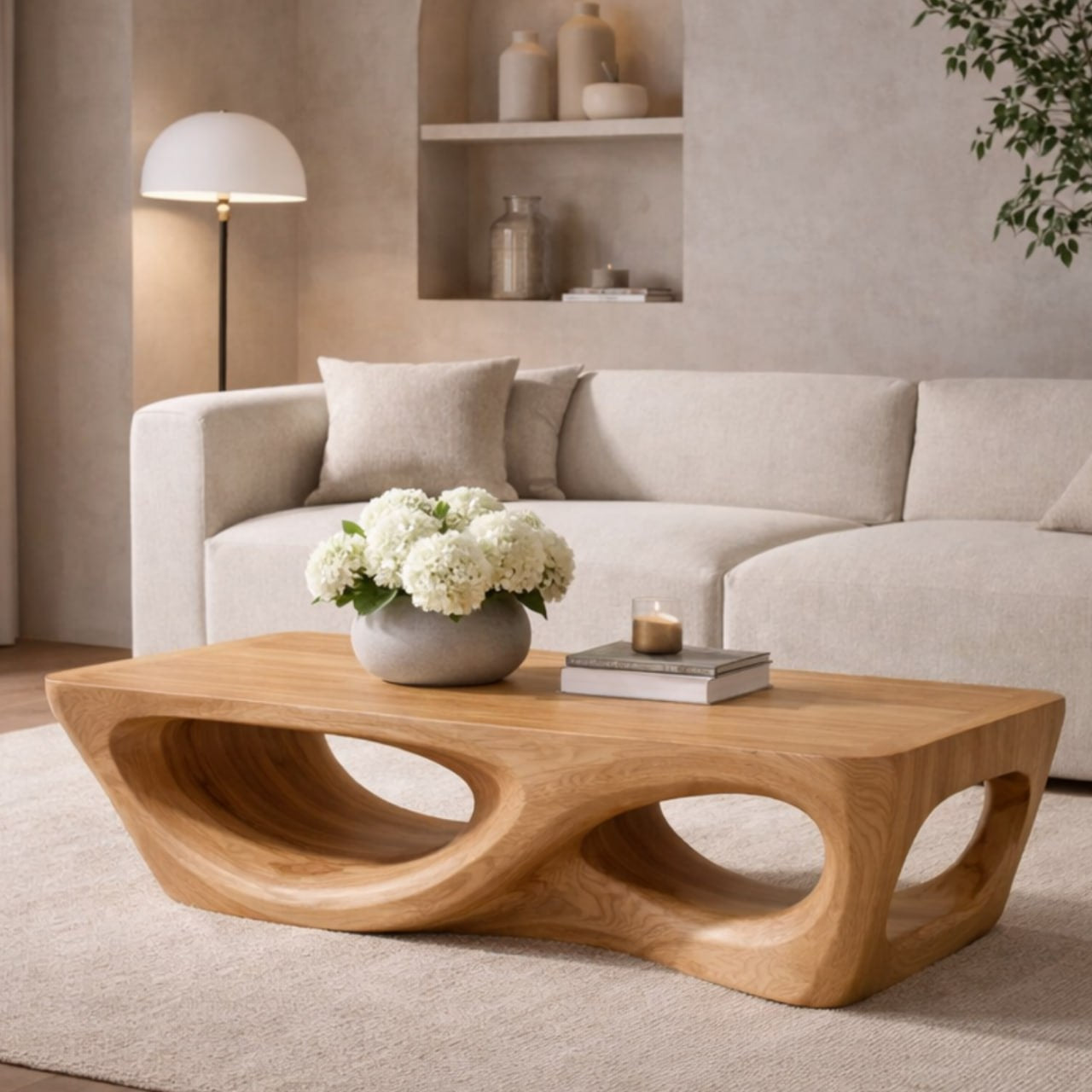 Solid Wood Coffee Table with Sculptural Hollow Base and Organic Curved Design - view 2 of 9
