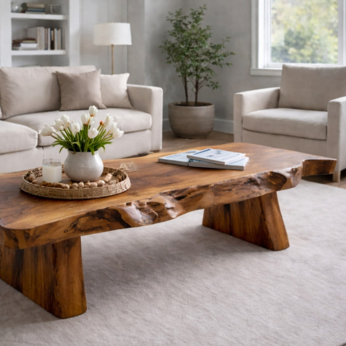Solid Wood Live Edge Coffee Table with Rustic Slab Top and Thick Block Legs - view 2 of 9