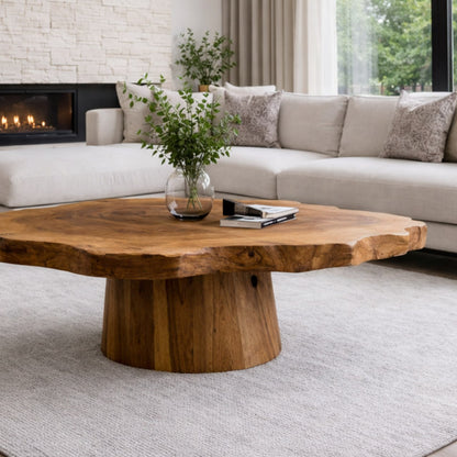 Solid Wood Live Edge Coffee Table with Round Pedestal Base and Natural Grain - view 2 of 9