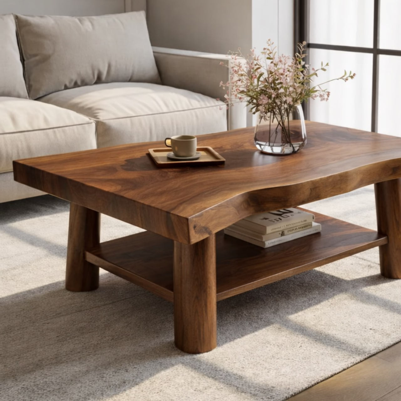 Solid Wood Coffee Table with Lower Shelf and Curved Edge Top Design - view 2 of 9