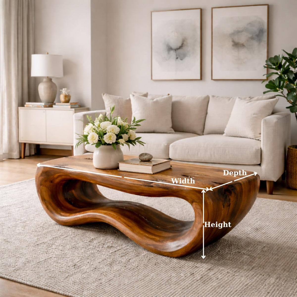 Solid Wood Coffee Table with Sculptural Wave Base and Organic Hand-Carved Design - view 7 of 9