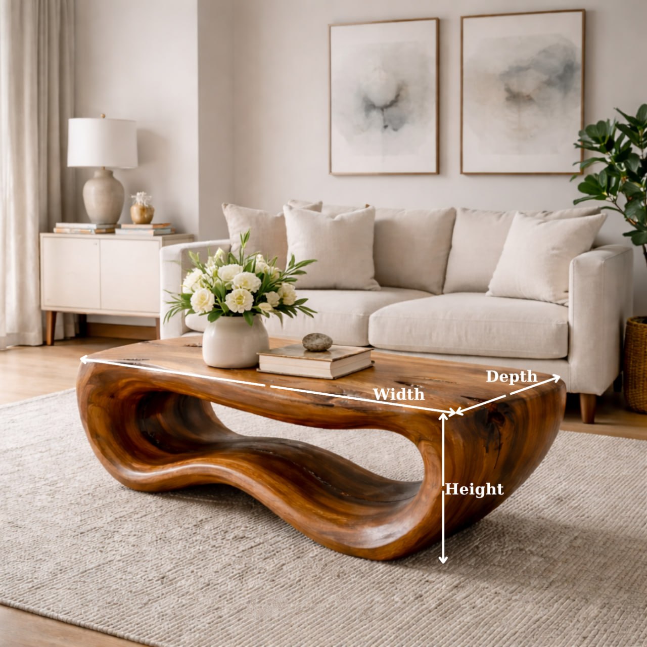 Solid Wood Coffee Table with Sculptural Wave Base and Organic Hand-Carved Design - view 7 of 9