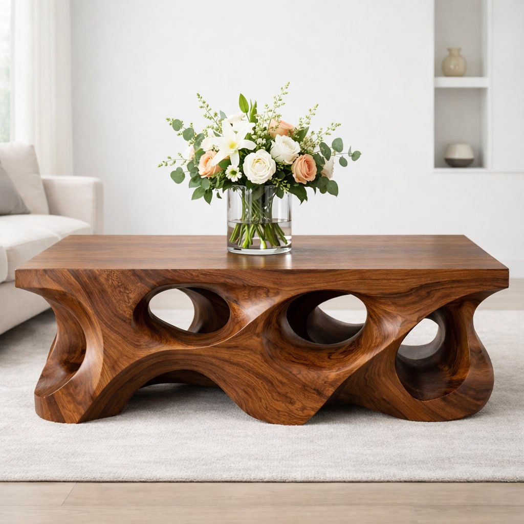 Solid Wood Coffee Table with Sculptural Hollow Base and Organic Carved Design - view 3 of 9