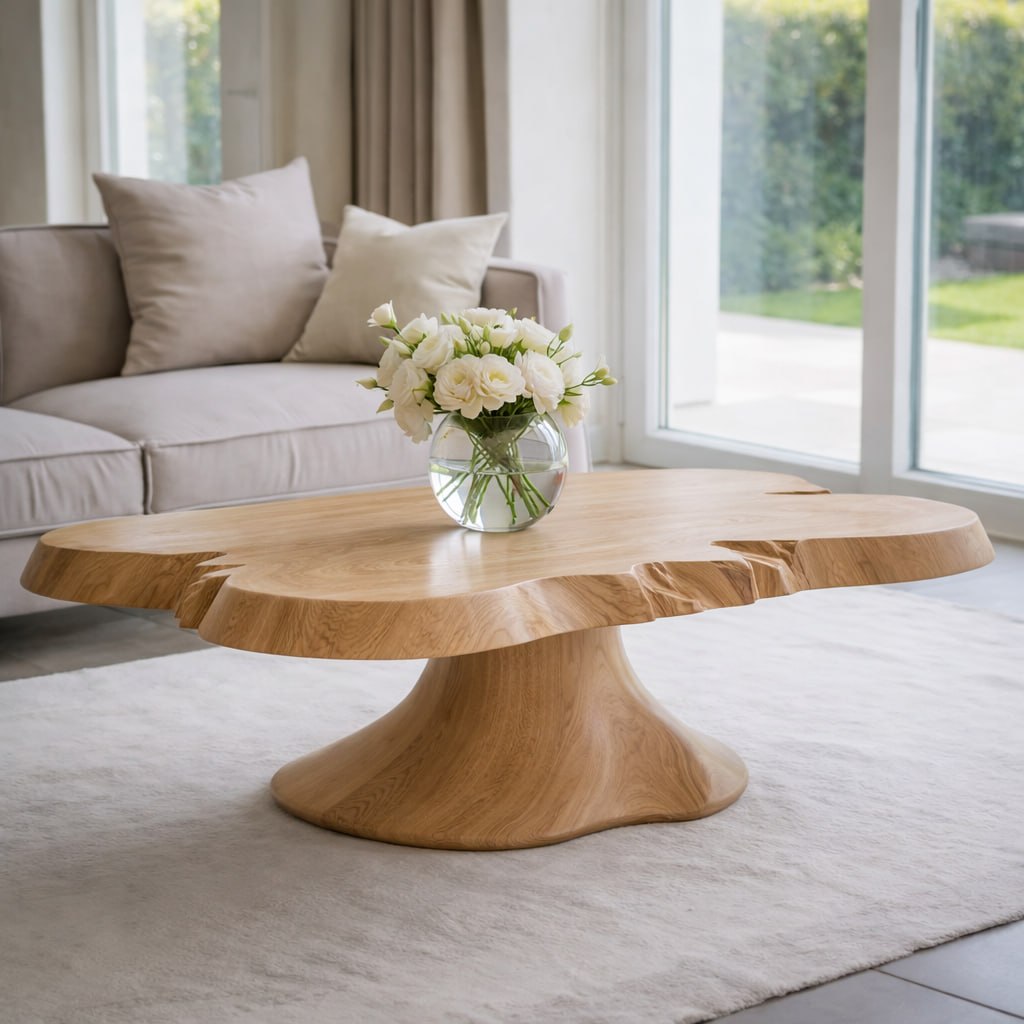 Solid Wood Live Edge Coffee Table with Sculptural Pedestal Base and Organic Form - view 4 of 9