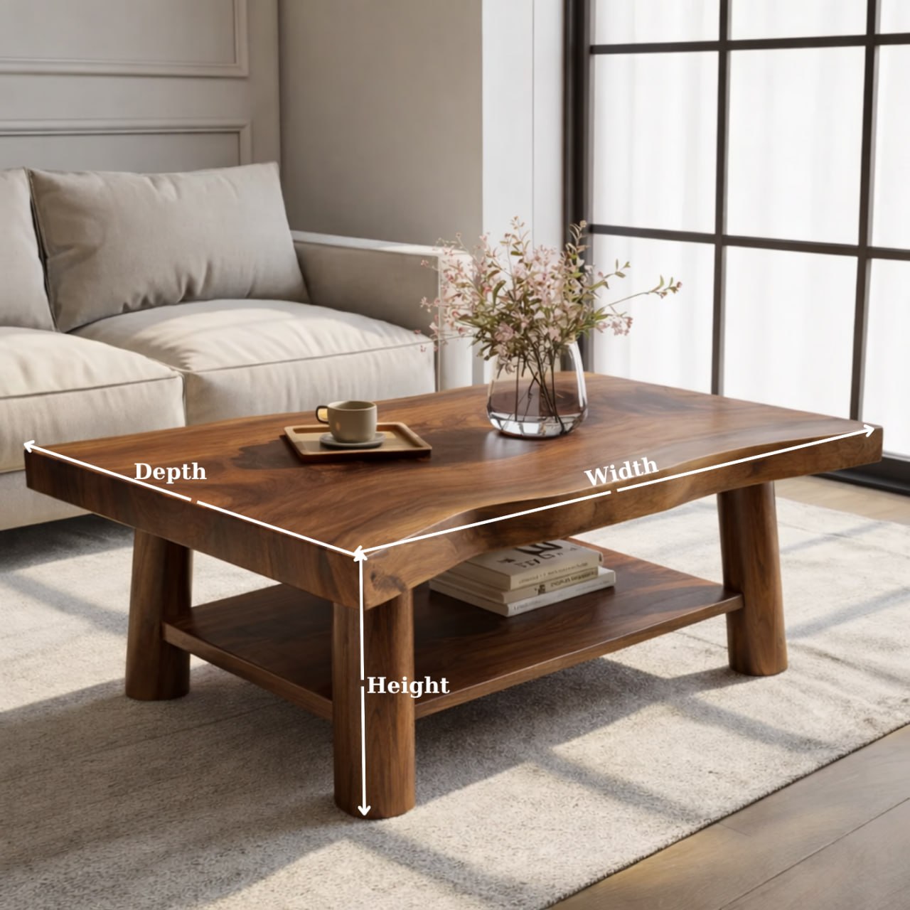 Solid Wood Coffee Table with Lower Shelf and Curved Edge Top Design - view 7 of 9