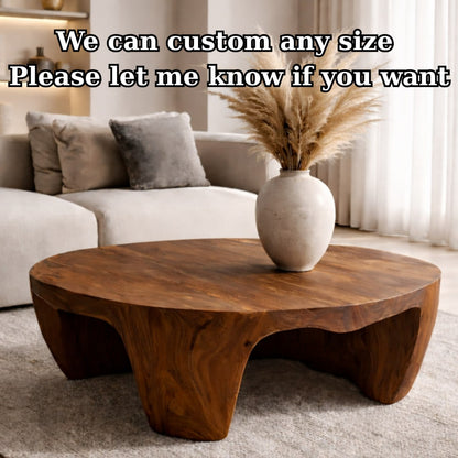 Solid Wood Round Coffee Table with Sculptural Base and Organic Carved Design - view 8 of 9
