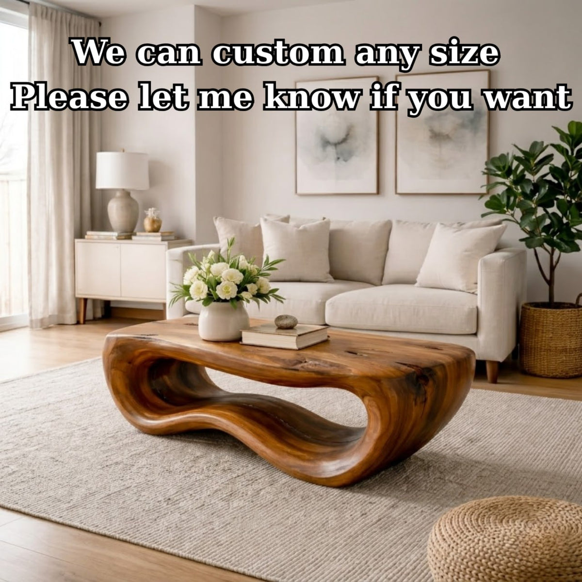 Solid Wood Coffee Table with Sculptural Wave Base and Organic Hand-Carved Design - view 8 of 9
