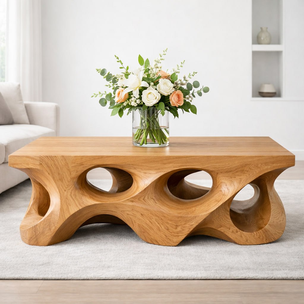 Solid Wood Coffee Table with Sculptural Hollow Base and Organic Carved Design - view 4 of 9