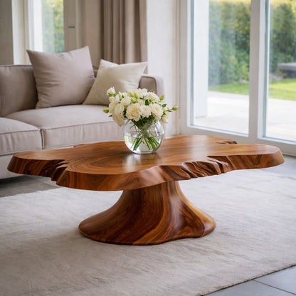 Solid Wood Live Edge Coffee Table with Sculptural Pedestal Base and Organic Form - view 1 of 9