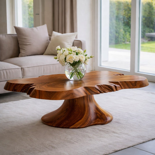 Solid Wood Live Edge Coffee Table with Sculptural Pedestal Base and Organic Form - view 1 of 9