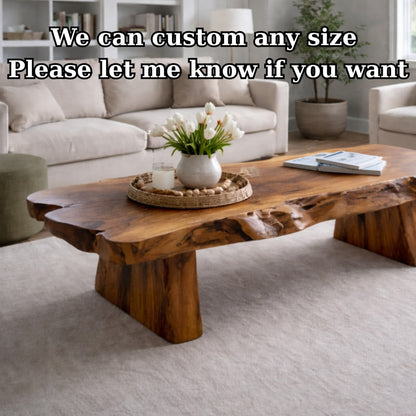 Solid Wood Live Edge Coffee Table with Rustic Slab Top and Thick Block Legs - view 8 of 9