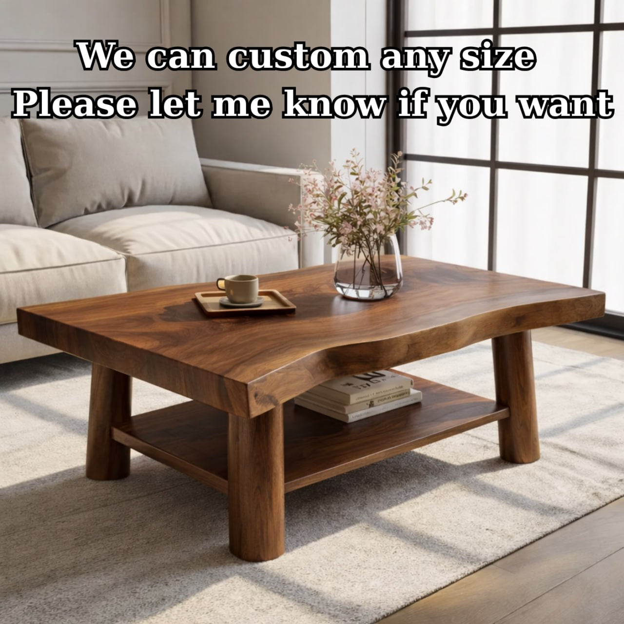 Solid Wood Coffee Table with Lower Shelf and Curved Edge Top Design - view 8 of 9