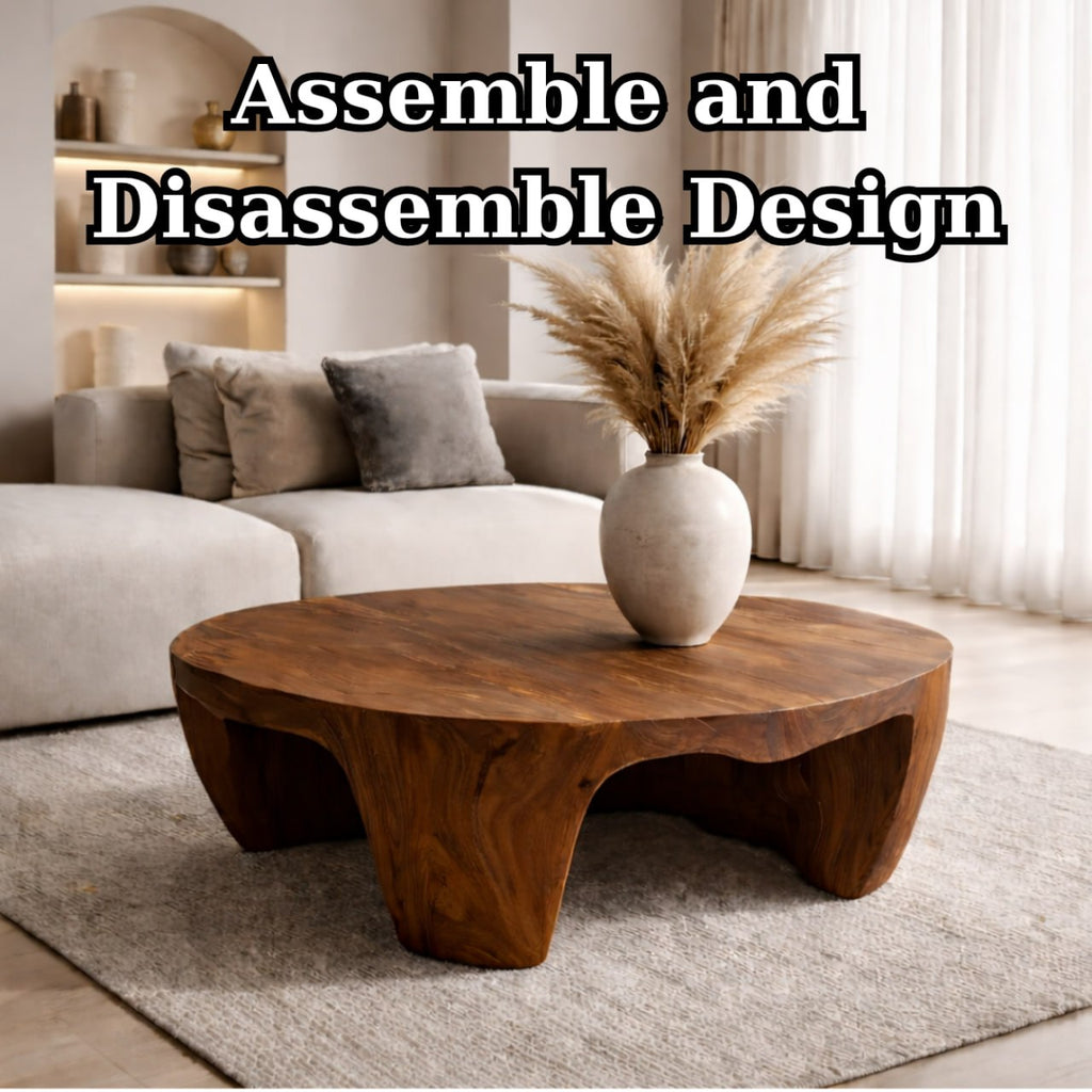 Solid Wood Round Coffee Table with Sculptural Base and Organic Carved Design - view 9 of 9
