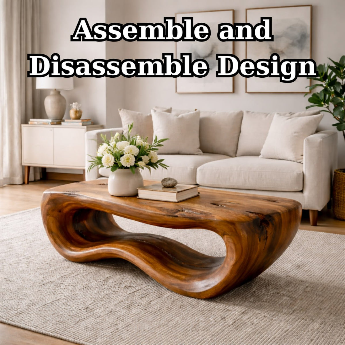 Solid Wood Coffee Table with Sculptural Wave Base and Organic Hand-Carved Design - view 9 of 9