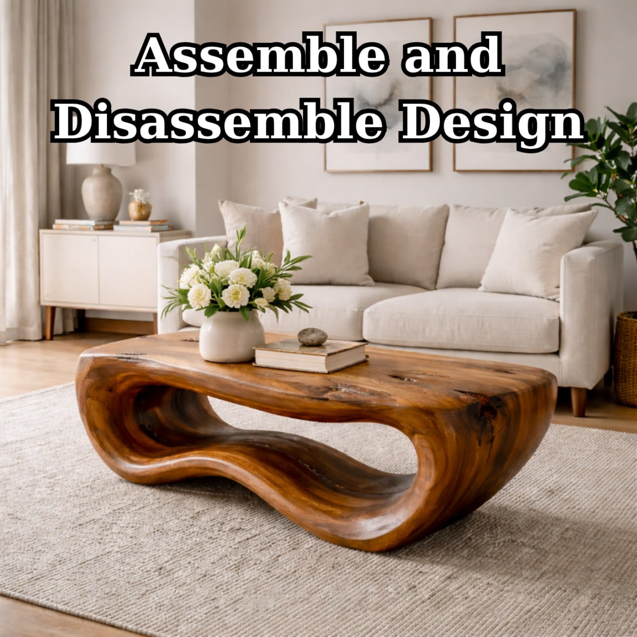 Solid Wood Coffee Table with Sculptural Wave Base and Organic Hand-Carved Design - view 9 of 9
