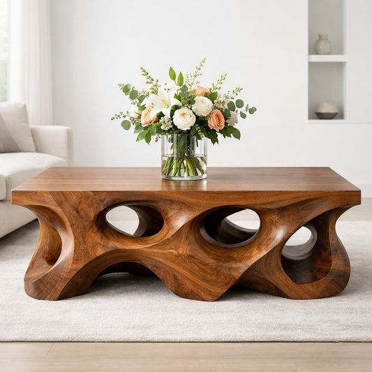 Solid Wood Coffee Table with Sculptural Hollow Base and Organic Carved Design - view 1 of 9