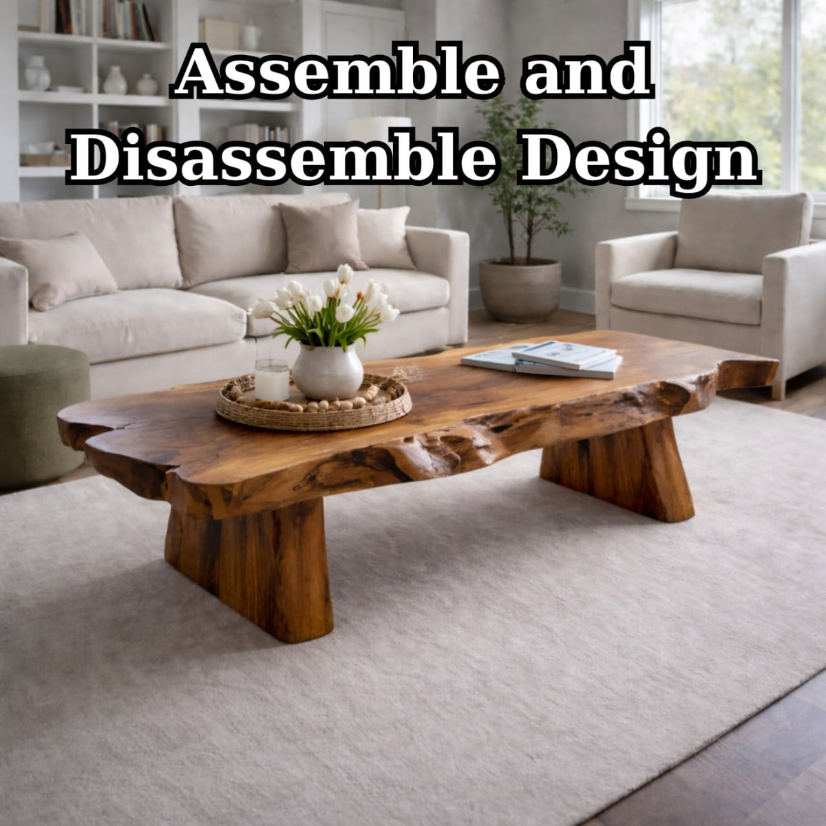 Solid Wood Live Edge Coffee Table with Rustic Slab Top and Thick Block Legs - view 9 of 9
