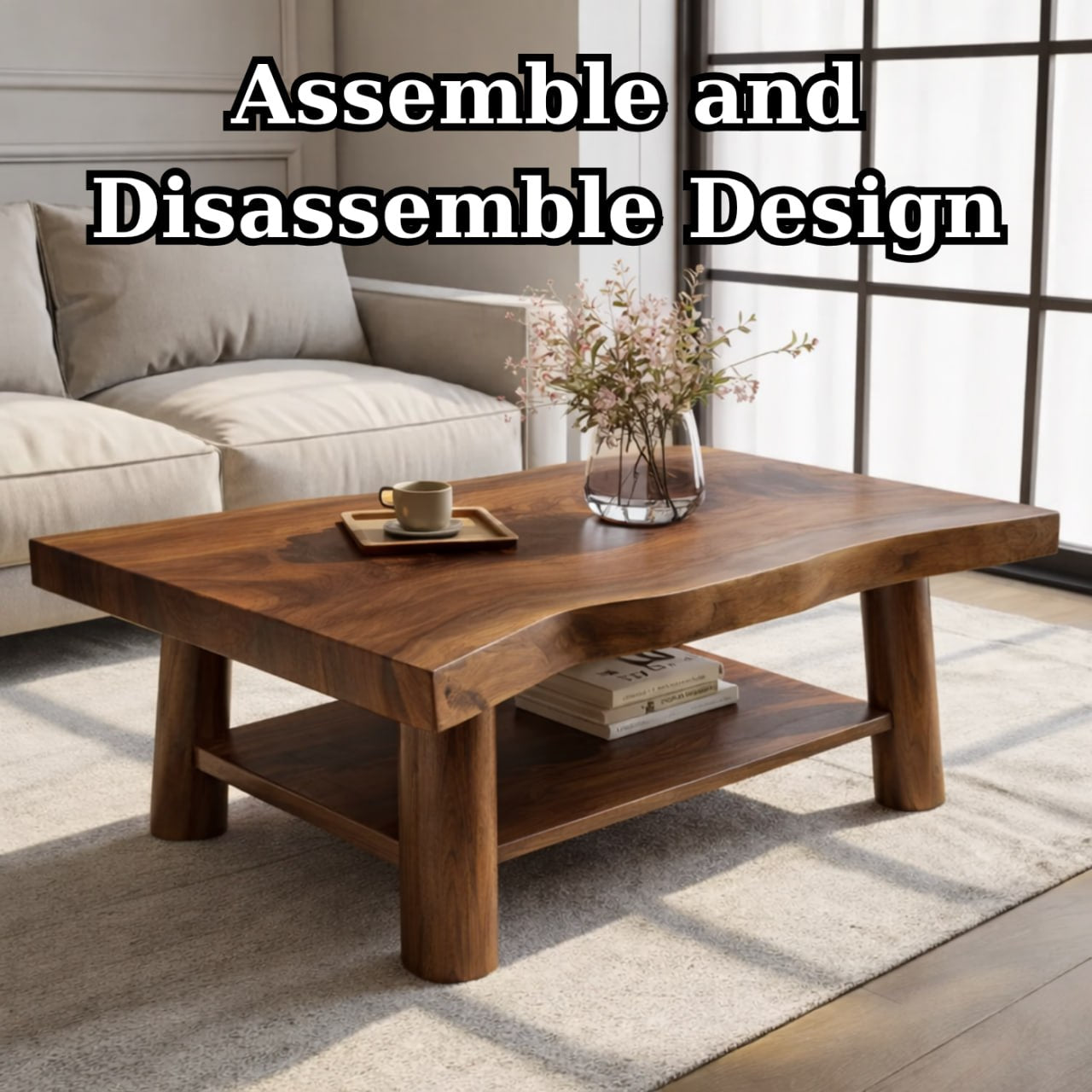 Solid Wood Coffee Table with Lower Shelf and Curved Edge Top Design - view 9 of 9