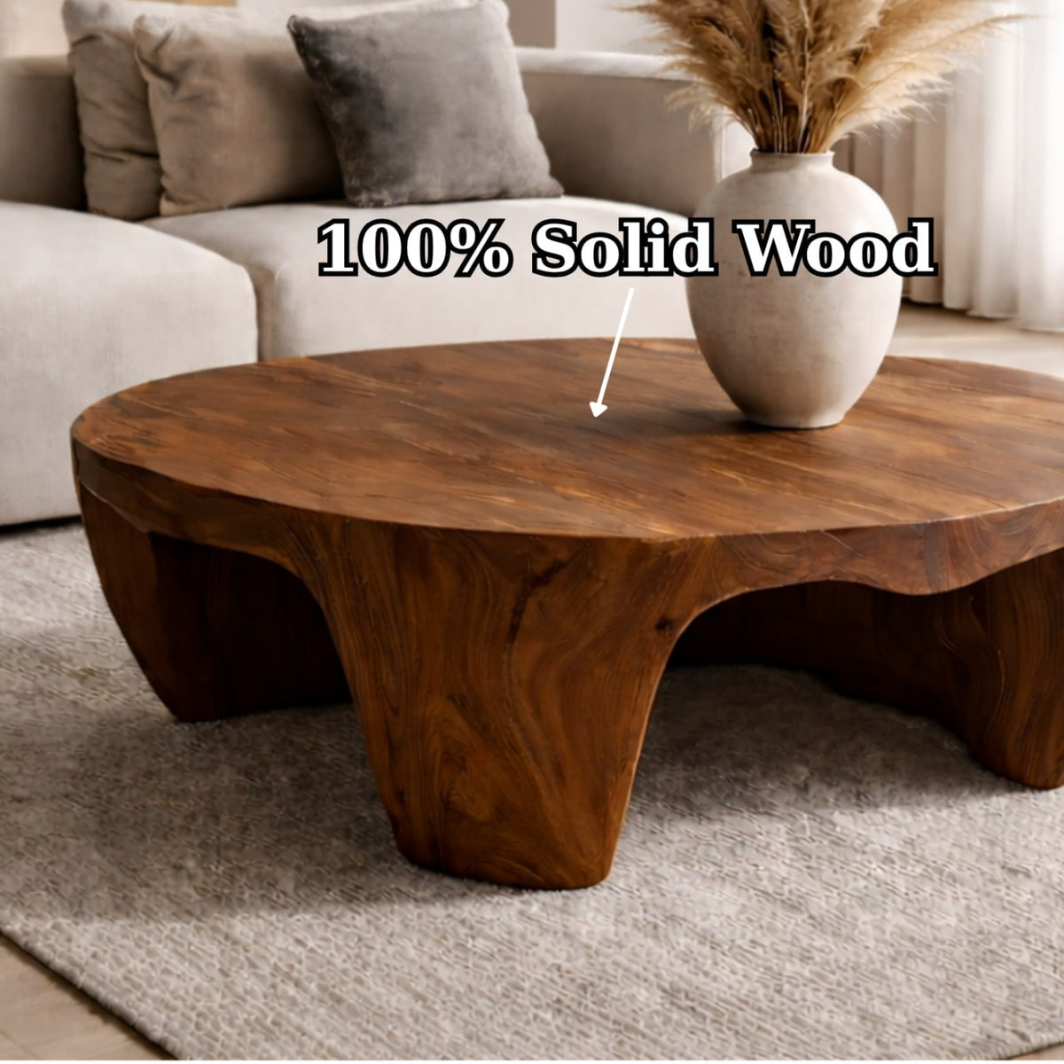 Solid Wood Round Coffee Table with Sculptural Base and Organic Carved Design - view 6 of 9