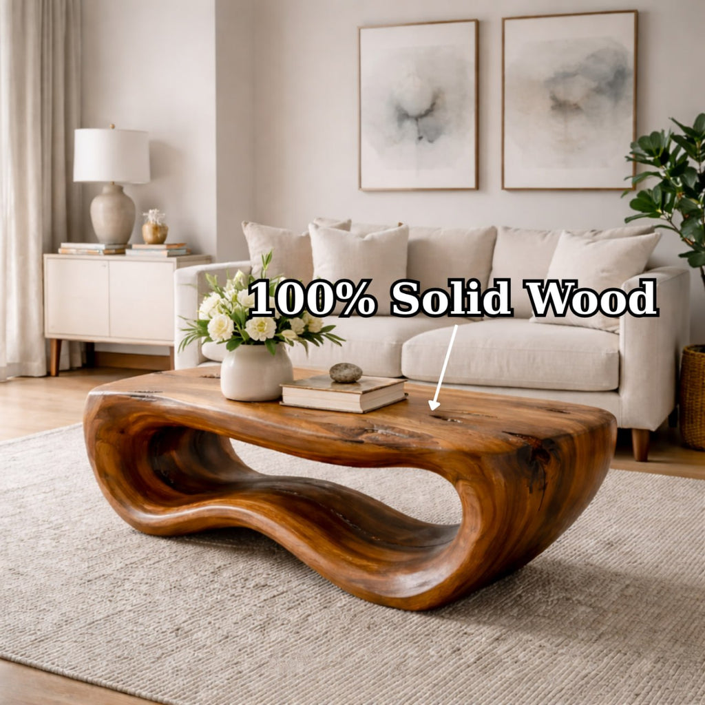 Solid Wood Coffee Table with Sculptural Wave Base and Organic Hand-Carved Design - view 6 of 9
