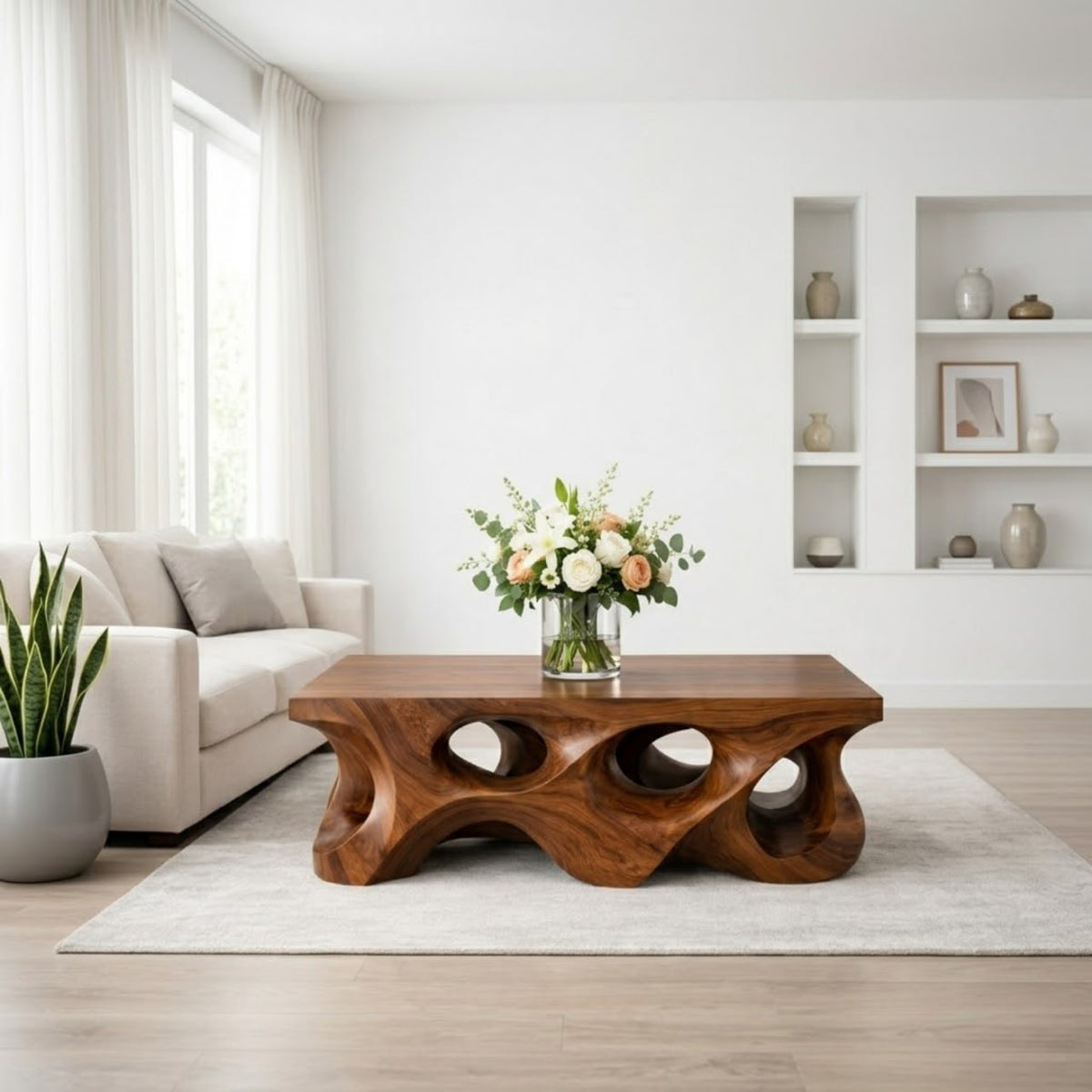Solid Wood Coffee Table with Sculptural Hollow Base and Organic Carved Design - view 2 of 9