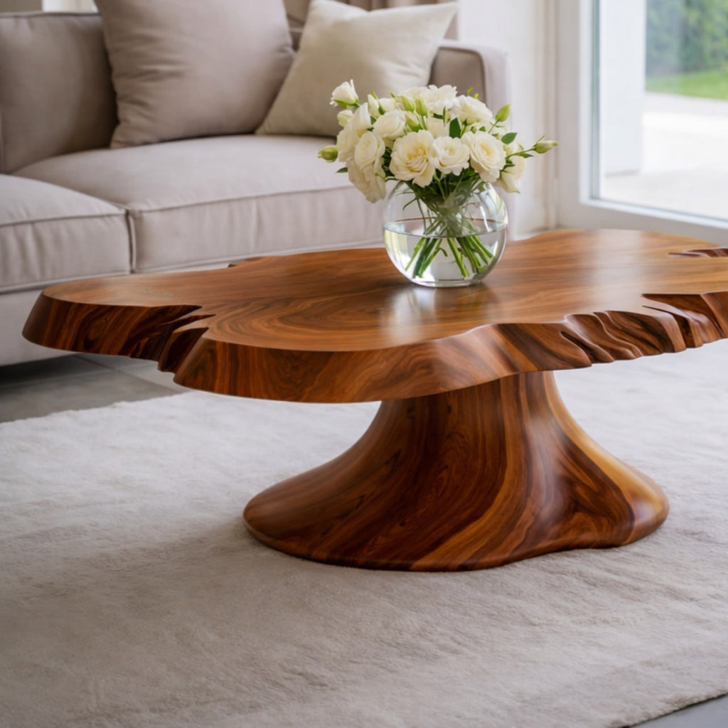 Solid Wood Live Edge Coffee Table with Sculptural Pedestal Base and Organic Form - view 2 of 9