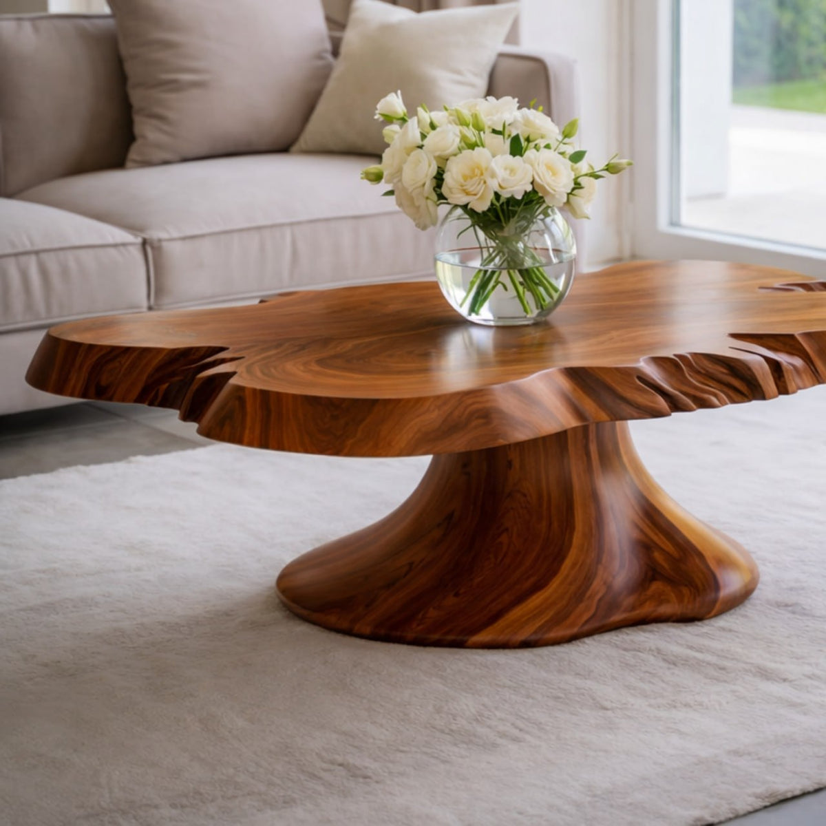Solid Wood Live Edge Coffee Table with Sculptural Pedestal Base and Organic Form - view 2 of 9