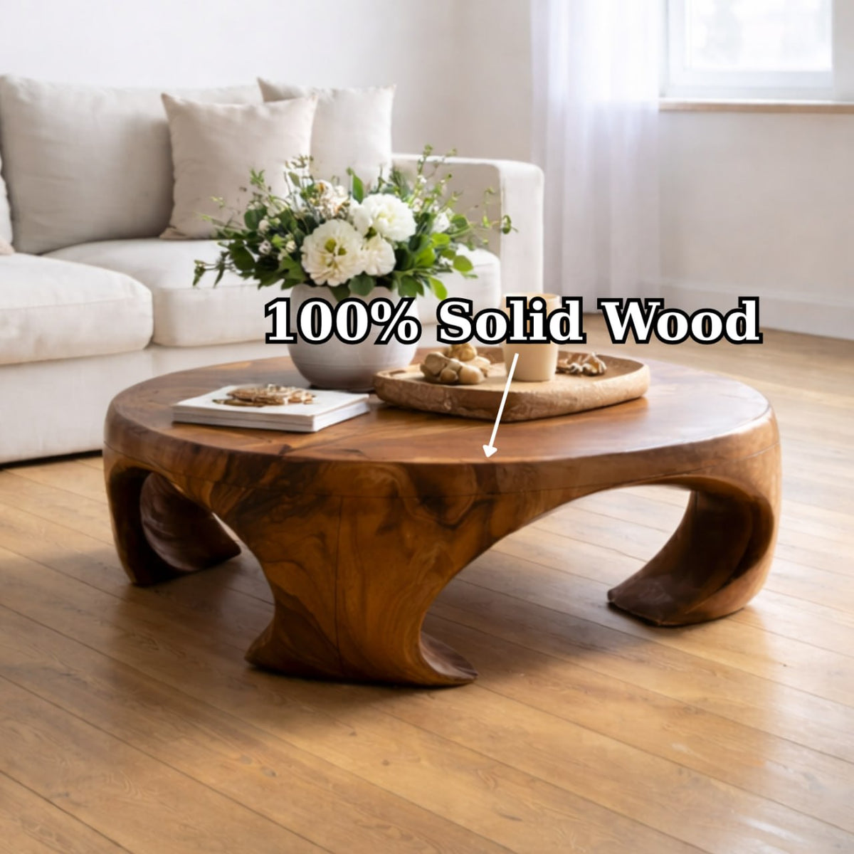 Solid Wood Round Coffee Table with Sculptural Curved Base and Organic Design - view 6 of 9