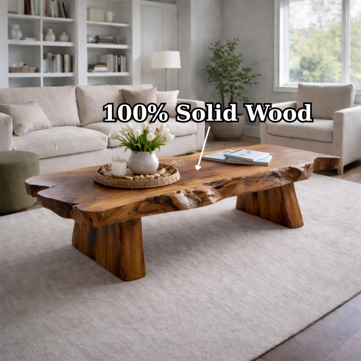 Solid Wood Live Edge Coffee Table with Rustic Slab Top and Thick Block Legs - view 6 of 9
