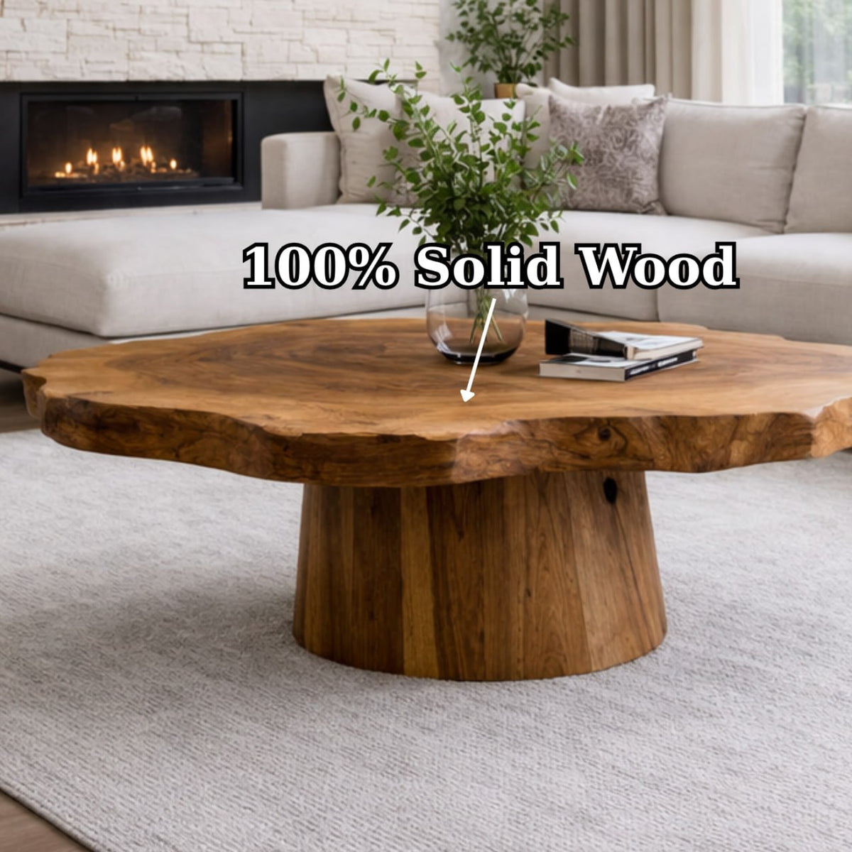 Solid Wood Live Edge Coffee Table with Round Pedestal Base and Natural Grain - view 6 of 9