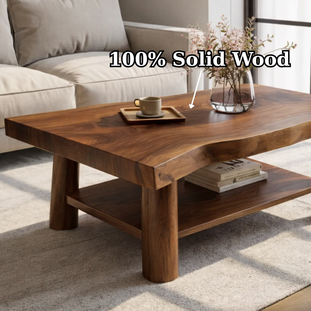 Solid Wood Coffee Table with Lower Shelf and Curved Edge Top Design - view 6 of 9