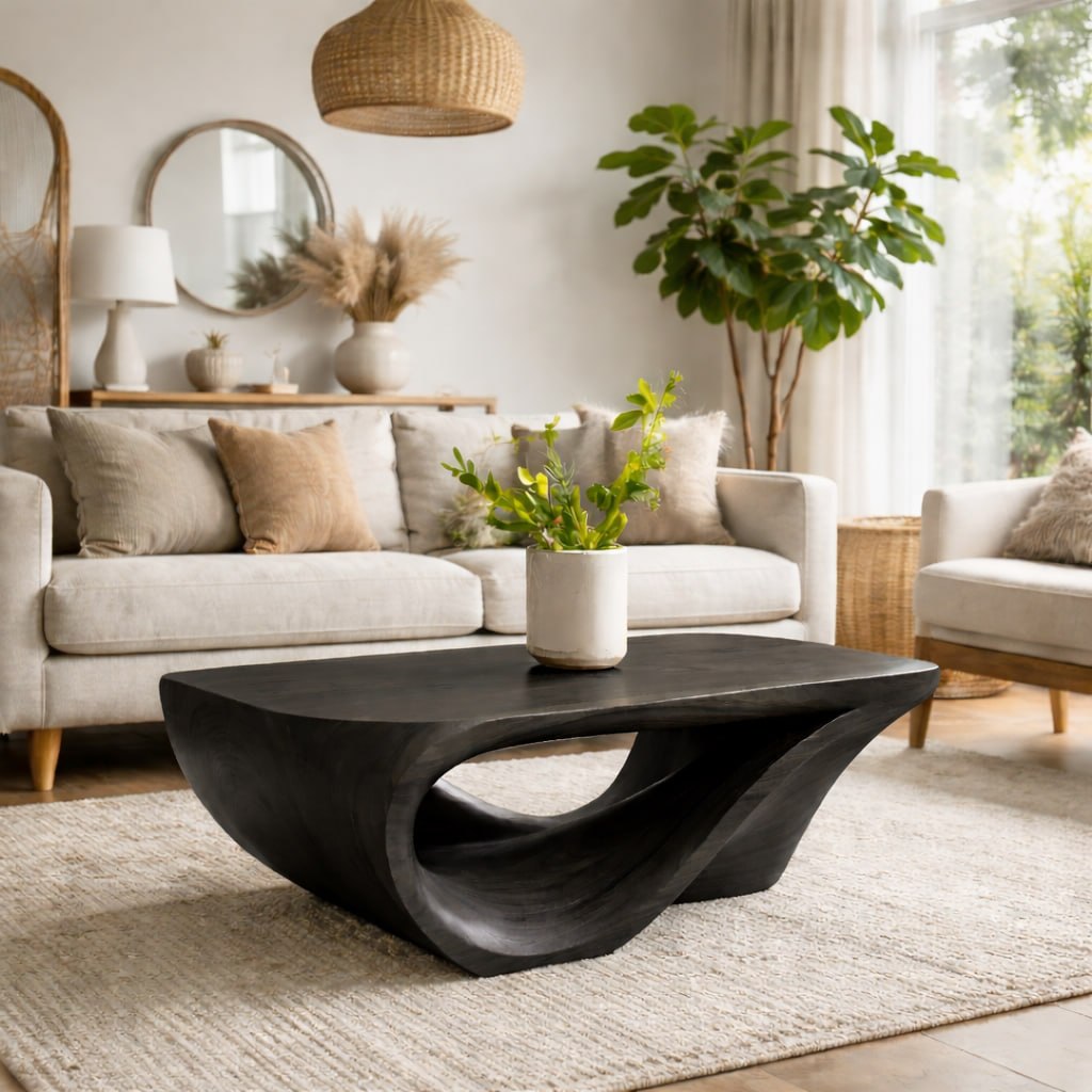 Solid Wood Coffee Table with Sculptural Organic Base and Hand-Carved Curved Design - view 5 of 9