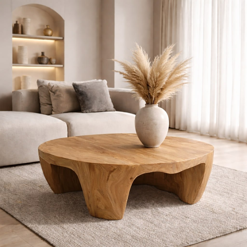 Solid Wood Round Coffee Table with Sculptural Base and Organic Carved Design - view 4 of 9