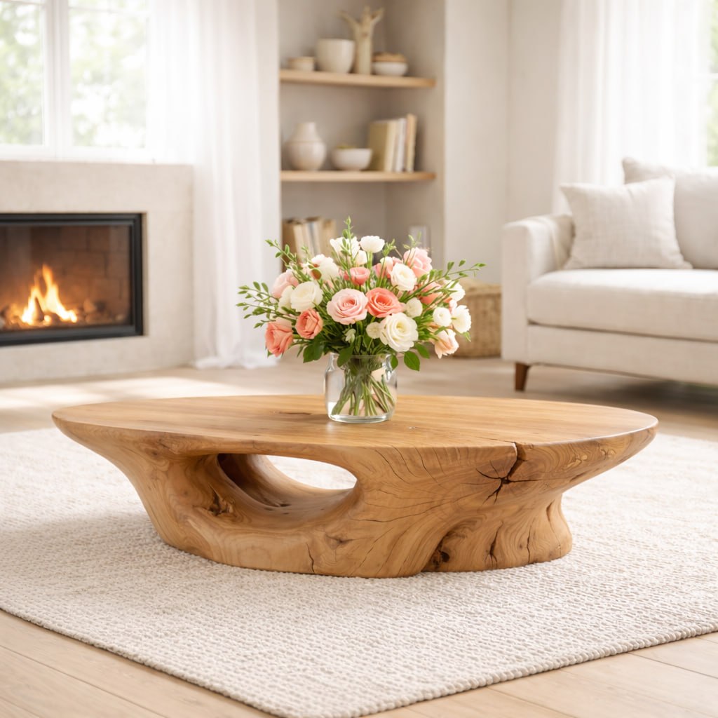 Solid Wood Coffee Table with Organic Sculpted Base and Natural Rustic Form - view 1 of 9
