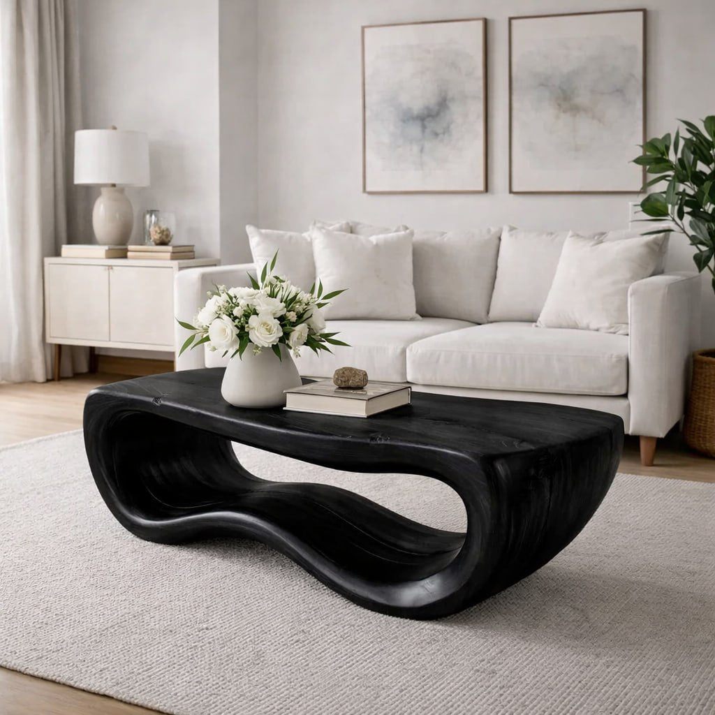 Solid Wood Coffee Table with Sculptural Wave Base and Organic Hand-Carved Design - view 5 of 9