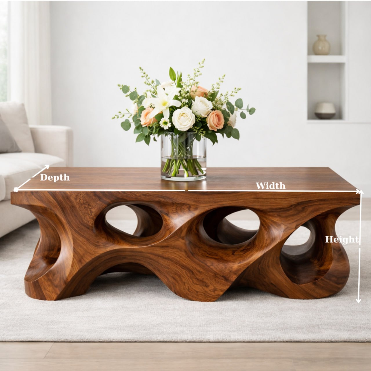 Solid Wood Coffee Table with Sculptural Hollow Base and Organic Carved Design - view 7 of 9
