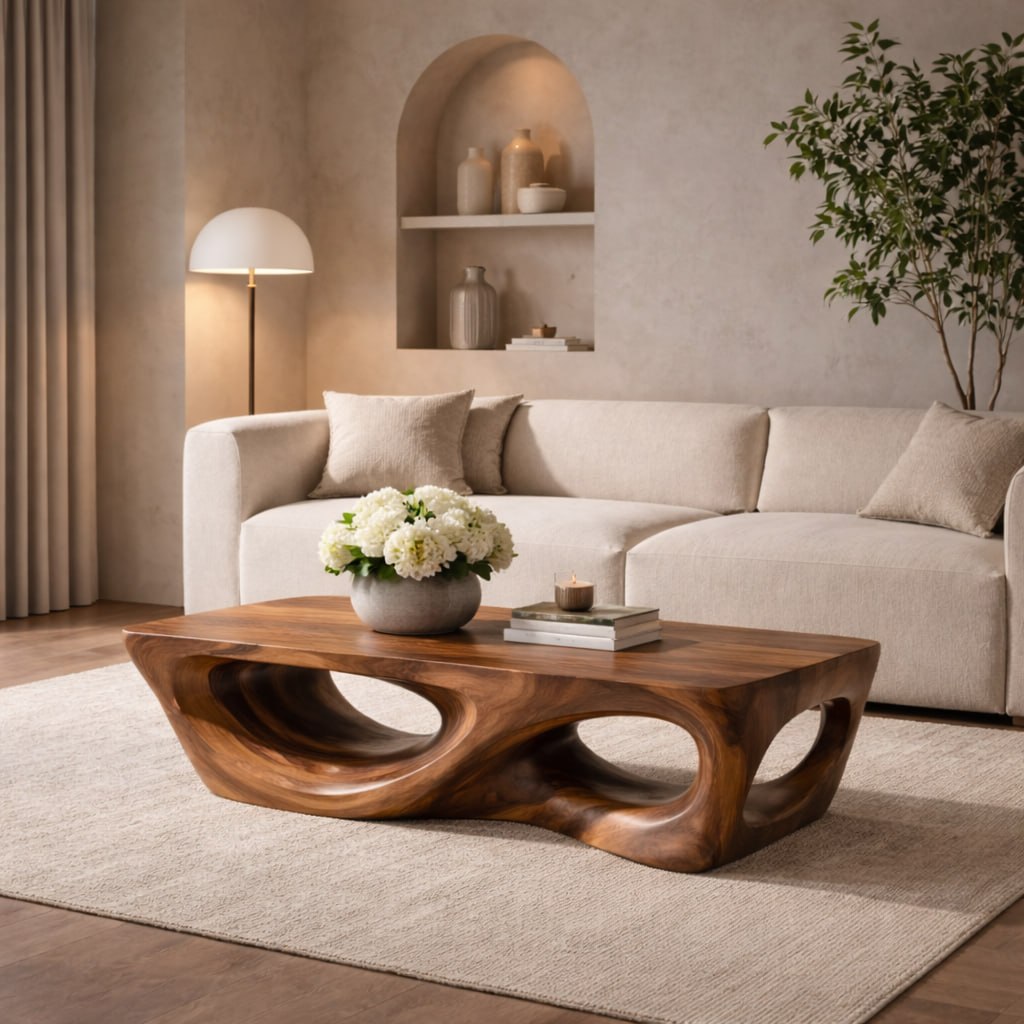 Solid Wood Coffee Table with Sculptural Hollow Base and Organic Curved Design - view 3 of 9