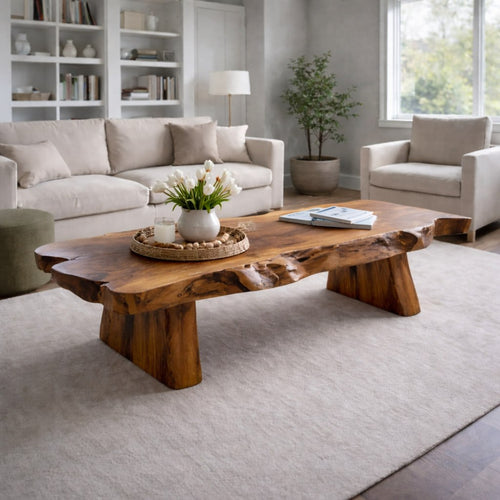 Solid Wood Live Edge Coffee Table with Rustic Slab Top and Thick Block Legs - view 1 of 9
