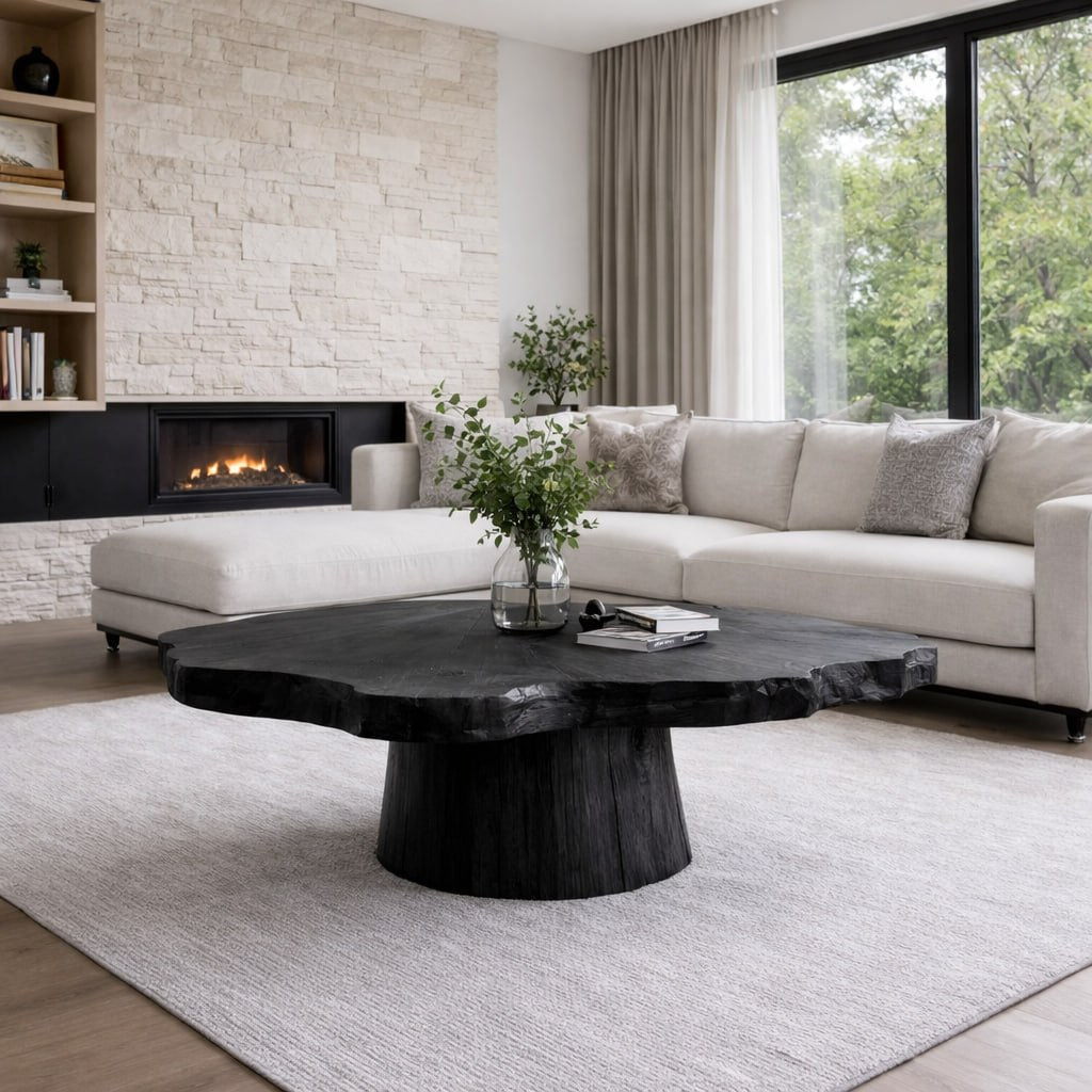 Solid Wood Live Edge Coffee Table with Round Pedestal Base and Natural Grain - view 5 of 9