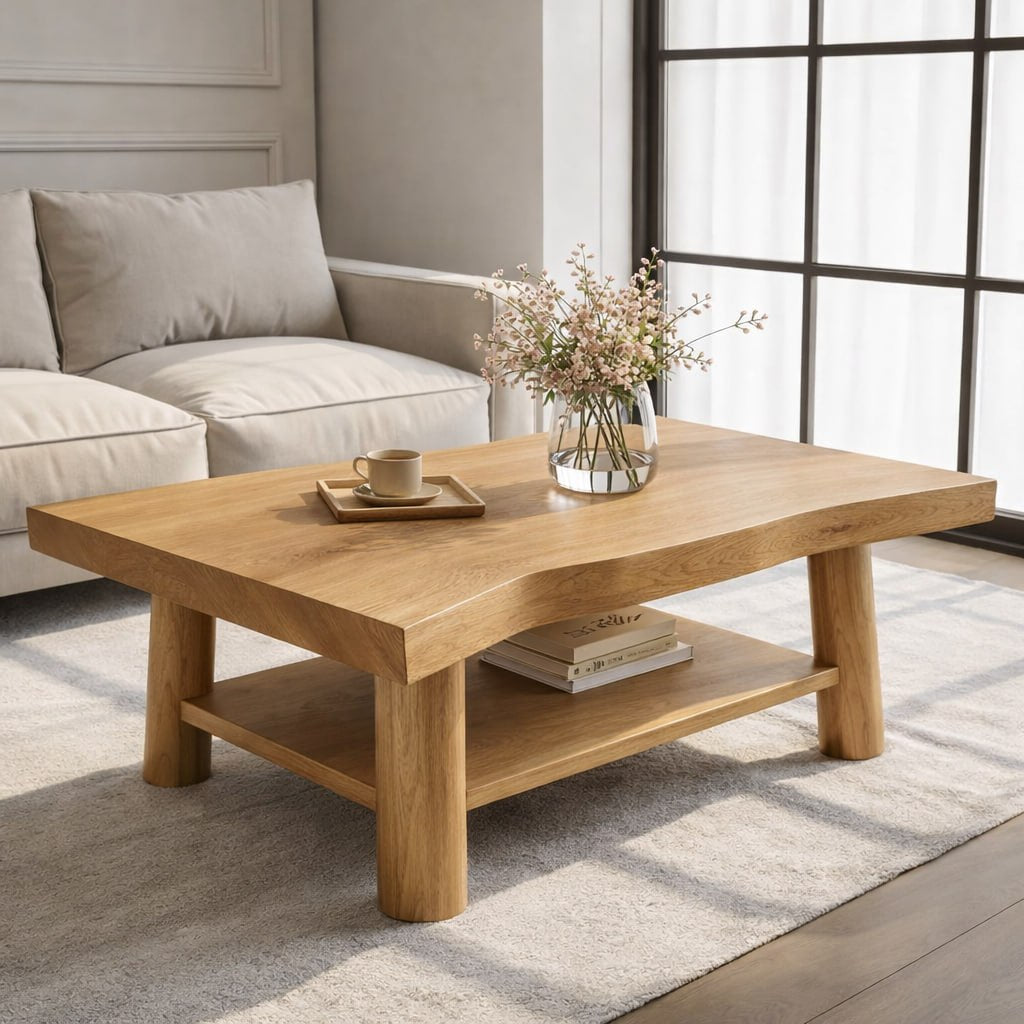 Solid Wood Coffee Table with Lower Shelf and Curved Edge Top Design - view 3 of 9