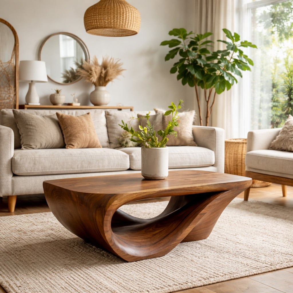 Solid Wood Coffee Table with Sculptural Organic Base and Hand-Carved Curved Design - view 1 of 9