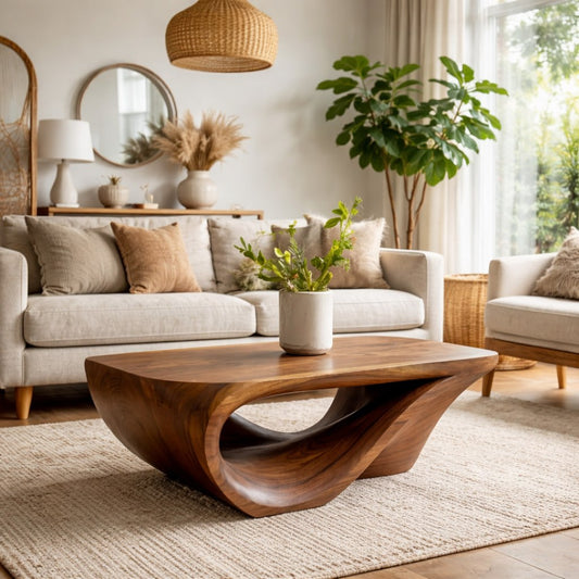 Solid Wood Coffee Table with Sculptural Organic Base and Hand-Carved Curved Design - view 1 of 9