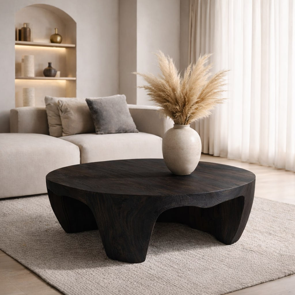 Solid Wood Round Coffee Table with Sculptural Base and Organic Carved Design - view 5 of 9
